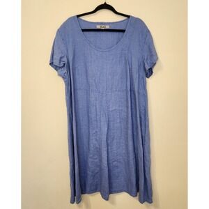 FLAX 100% Linen Chambray Blue Short Sleeve Tunic Dress Large Lagenlook